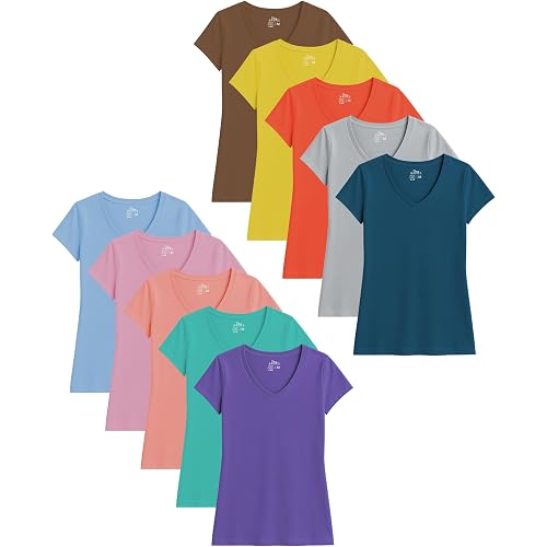 Sexy Basics Womens' Cotton Stretch V Neck Color T Shirts | Casual & Active Basic Short Sleeve Tops | Multi Packs