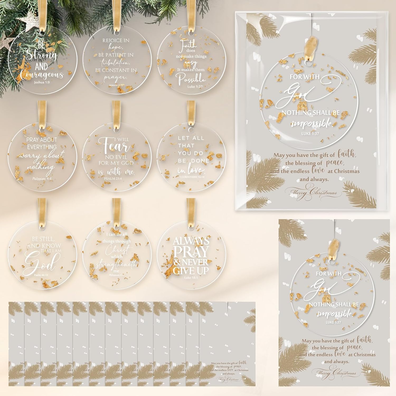 Thyle 50 Sets Christmas Tree Christian Ornaments Gold Foil Acrylic Hanging Ornament Inspirational Bible Verse in Bulk Gifts with Thank You Cards for Family Church Women Men Holy Week Xmas Decor