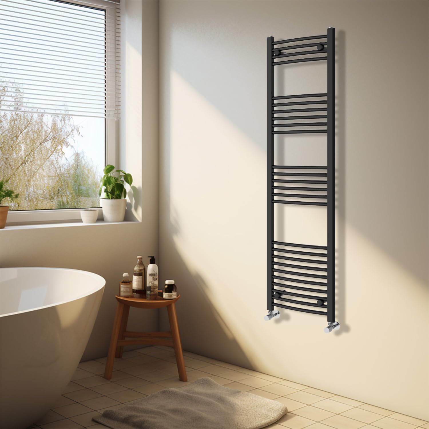 Nrg Black Heated Towel Rail Curved Designer Bathroom Radiator - 1600×400Mm