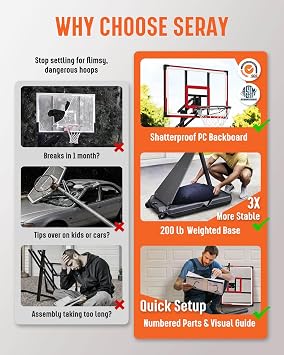 Seray Basketball Hoop Outdoor, 4.9-10 ft Height Adjustable, 44 Inch Portable Goal System with Shatterproof Backboard & Wheels for Kids, Youth, Adults in Backyard, Driveway, Indoor