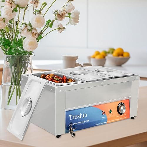 Miniatura 9 de Treshin Calentador de alimentos comercial de 3 sartenes, capacidad de 21 cuartos de galón, 1200 W, de acero inoxidable, calentador de alimentos para