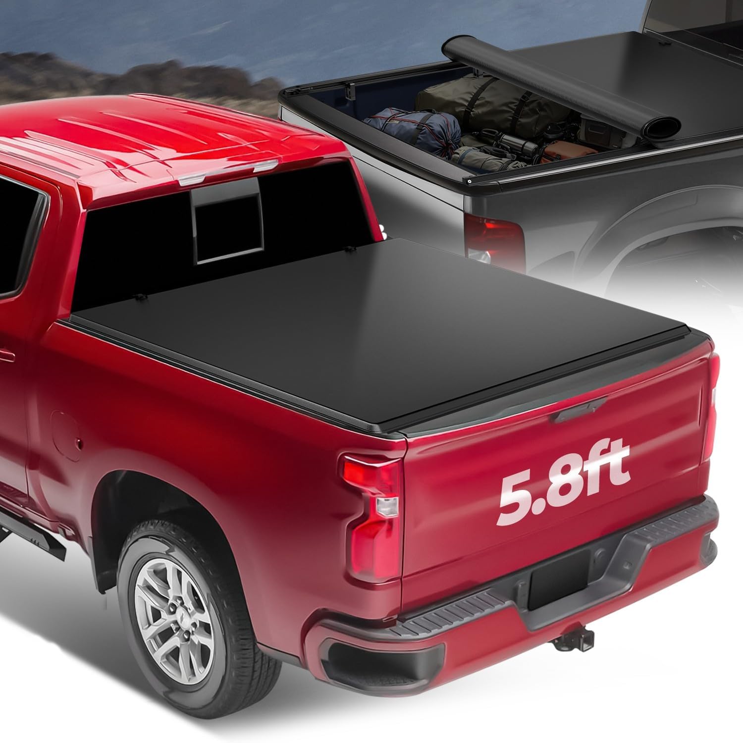 Auto Dynasty Soft Roll-up Truck Bed Tonneau Cover Compatible with 2019-2025 Chevy Silverado GMC Sierra 1500 5.8Ft Fleetside/Styleside Bed, Matte Black Soft Vinyl Top
