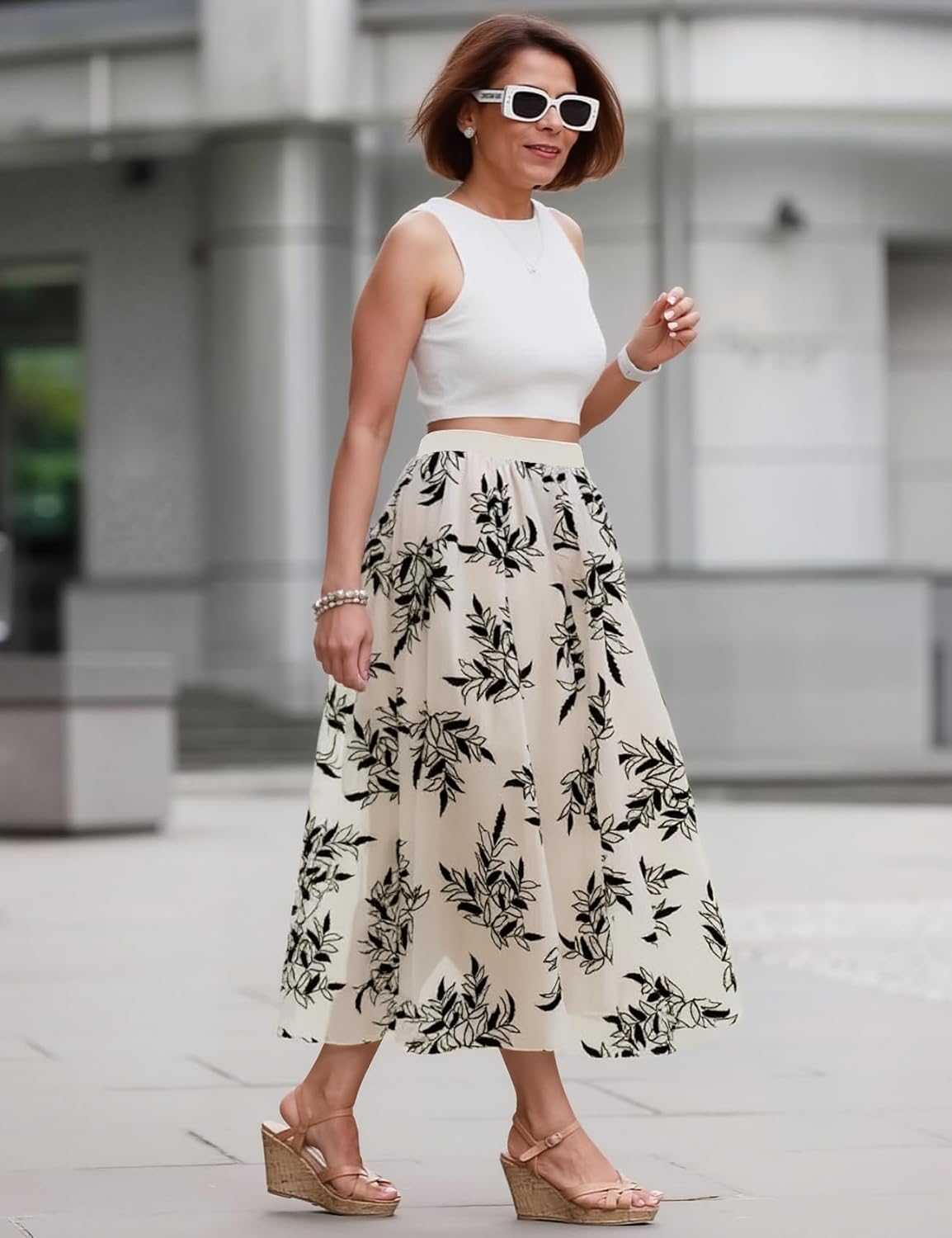 Flygo Women's Midi Long Tulle Skirts Dressy Casual Elegant A-Line Elastic Waist Foliage Embroidery Mesh Skirt - Image 4