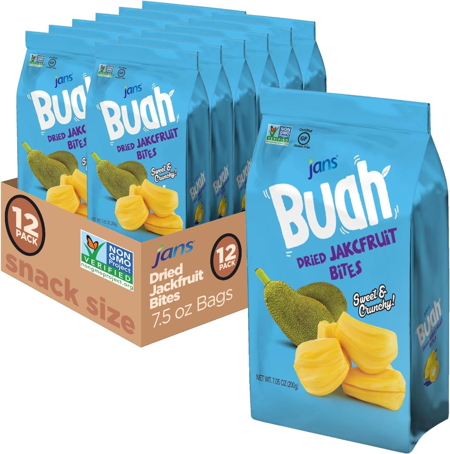 Jans Buah Jackfruit Chips (7.05 Oz Bag, Pack of 12) - Dried Jack Fruit Chips Experience Real Fruit, Gluten-Free, Sweet & Crunchy, Ready-to-Eat, Perfect for Anytime Snacking