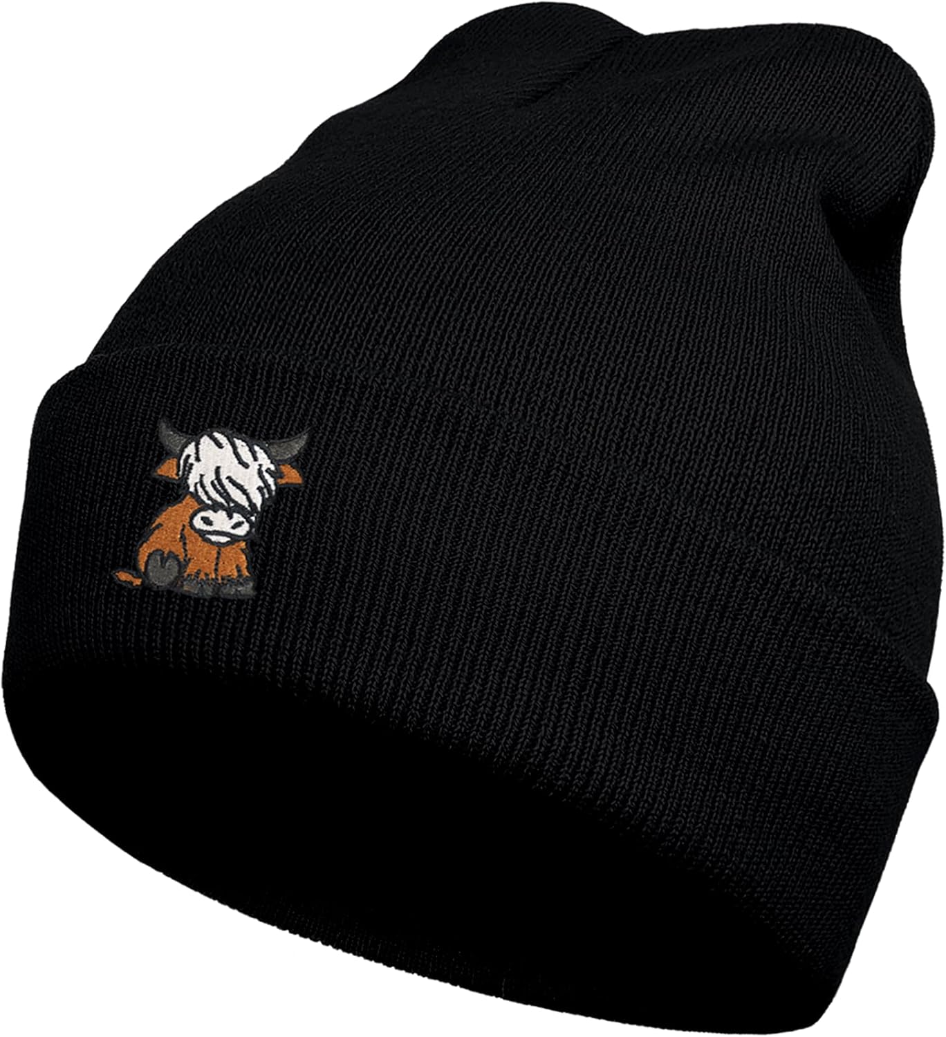 Scottish Highland Cow Beanie Hat, Cute Funny Cow Embroidery Winter Knit Skull Cap for Adult Men Women