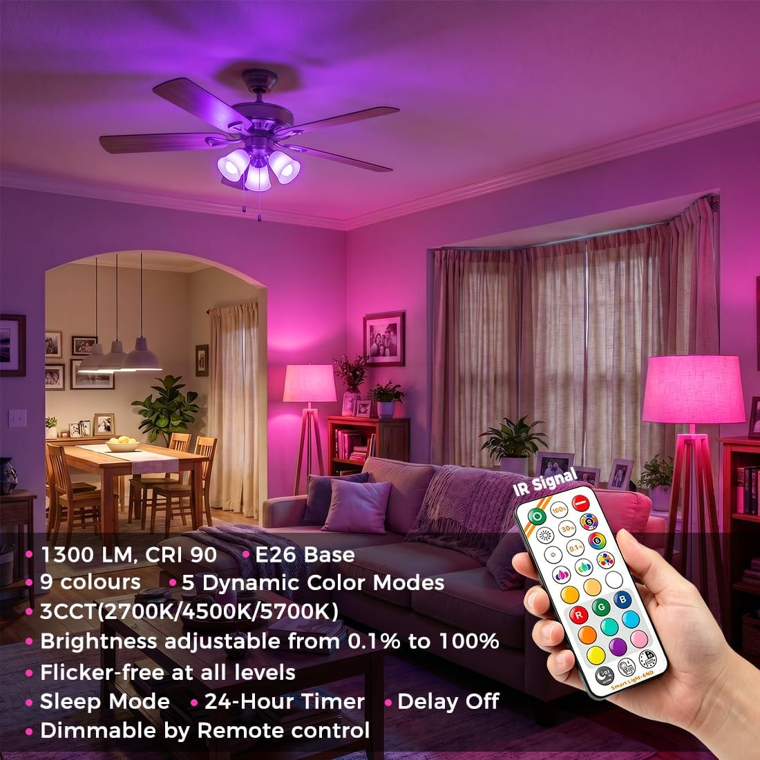 Led Light Bulb, 12W, 120 Watt Equivalent, 2700K/4500K/5700K 3CCT | 9 RGB Colors, Color Changing Light Bulb with Remote Control, DIY Flash/Sleep/Timer Mode, 1300LM, A19 E26 Light Bulbs (4 Pack) 3 71RBi7DBdBL. AC SL1100