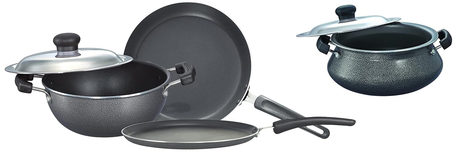 Prestige Aluminium Omega Select Plus Non-Stick BYK Set, 3-Pieces, Gas-Stove Compatible Only & Omega Select Plus Mini Handi with Ss Lid, 2.5 Litre, Black Combo