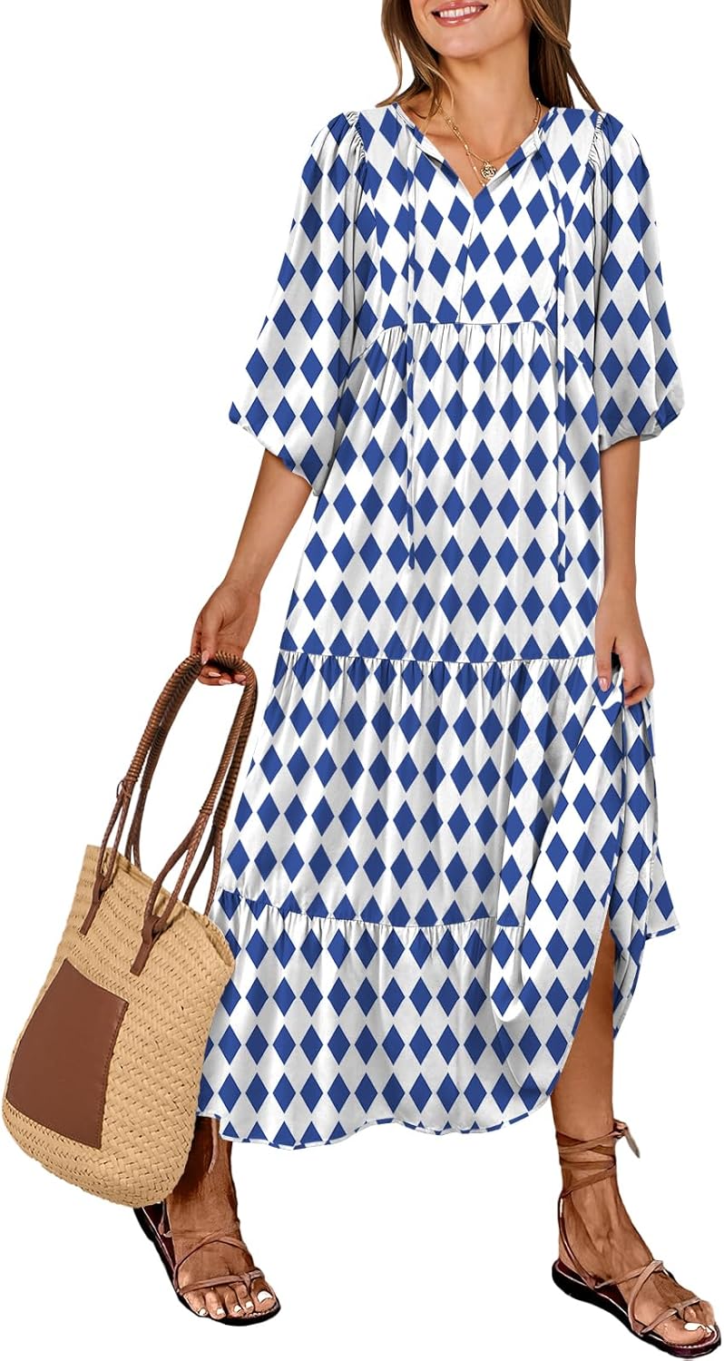 ANRABESS Womens Boho Maxi Dresses 2024 Summer V Neck Puff Sleeve Casual ...