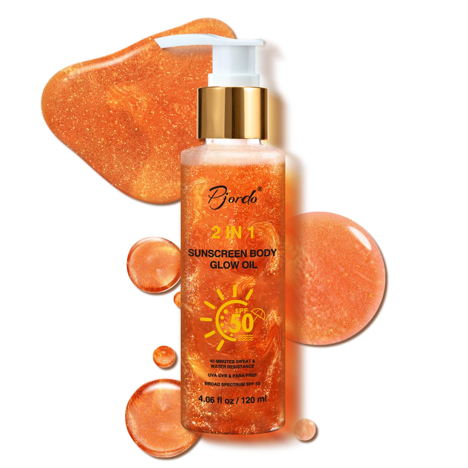 Sunscreen Body Glow Oil Broad Spectrum SPF 50 Sun Shield Lightweight Shimmering Gel Texture Absorbs Quickly Non Sticky