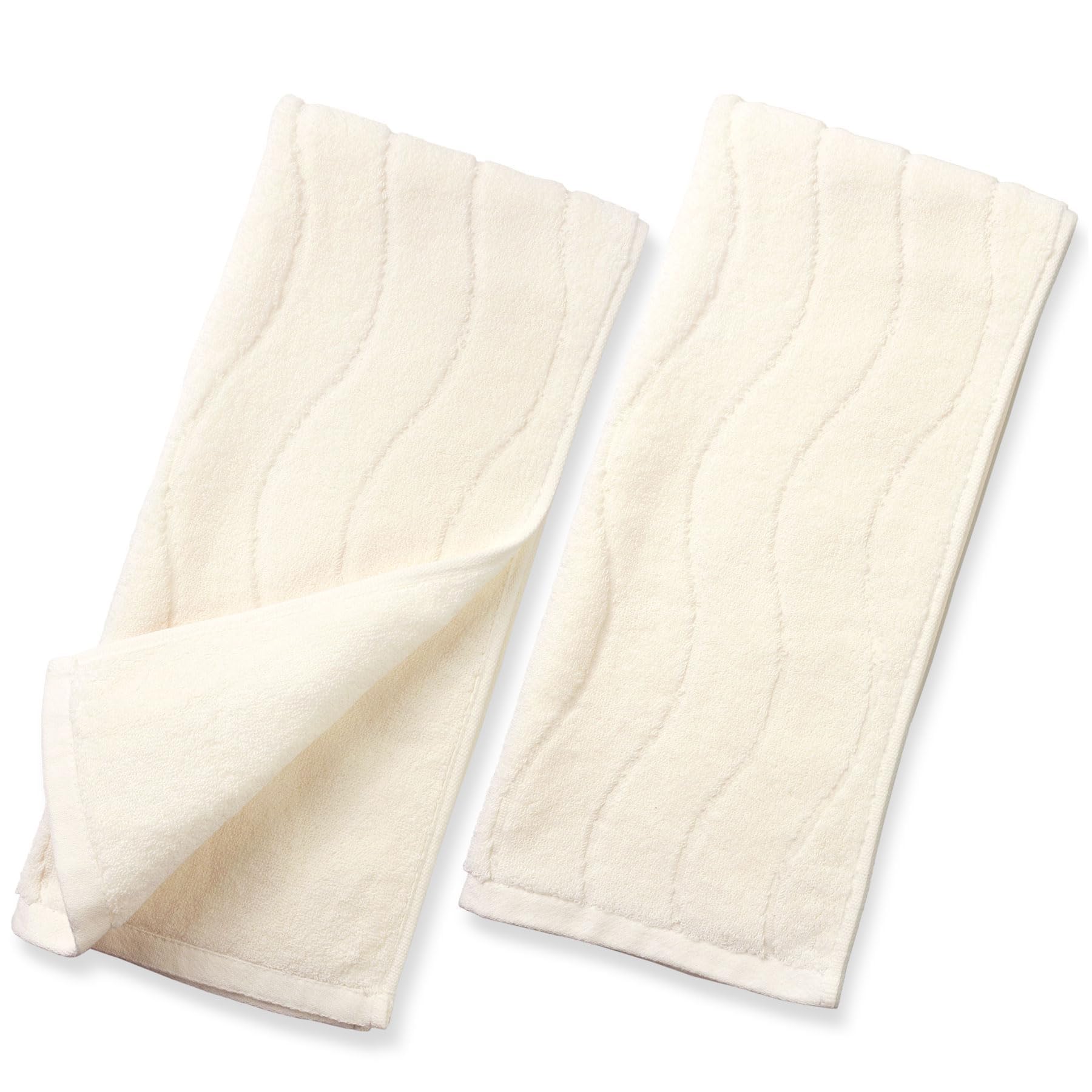 Pack of 2 Quick Dry Hand Towels (13x29 Inches, Beige) - 100% Cotton Face Towels for Bathroom Hotel Spa, Wavy Striped Jacquard