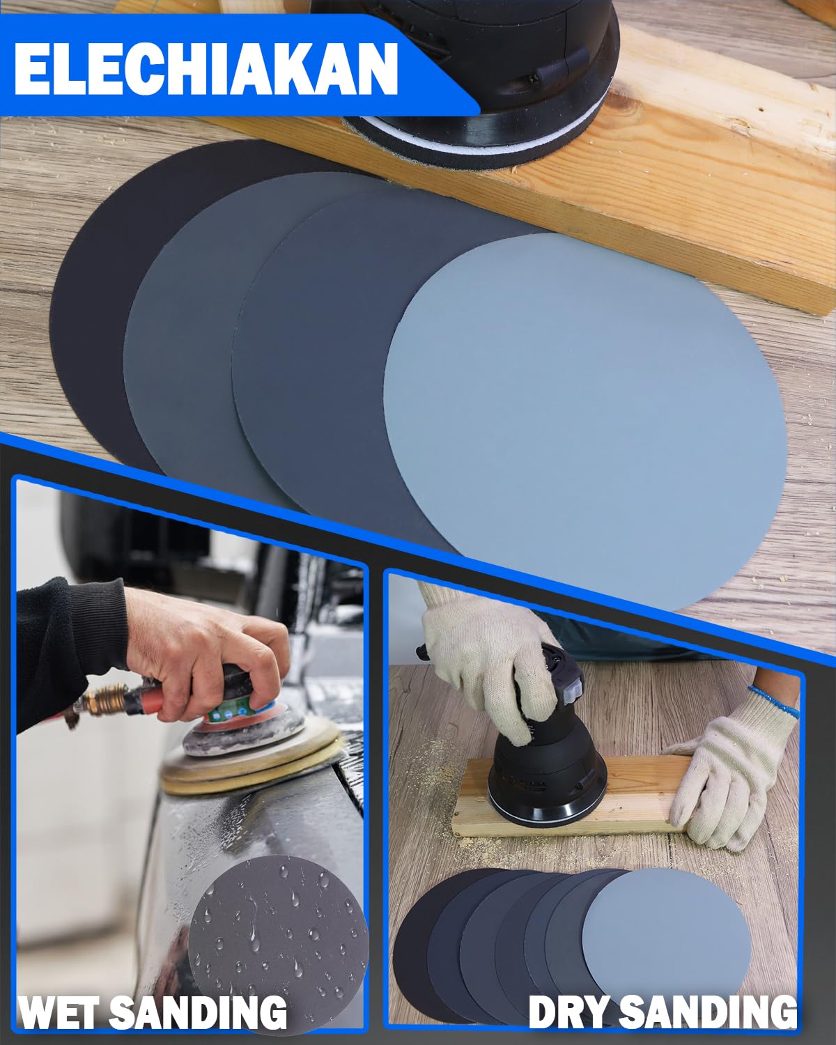 70Pcs 6 Inch Wet Dry Sanding Paper Discs Hook and Loop, 5000 3000 2000 1000 800 600 400 Fine Grit Sandpaper for DA Random Orbital Sander, Sandpaper Assortment for Automotive Wood Metal Glass Polishing
