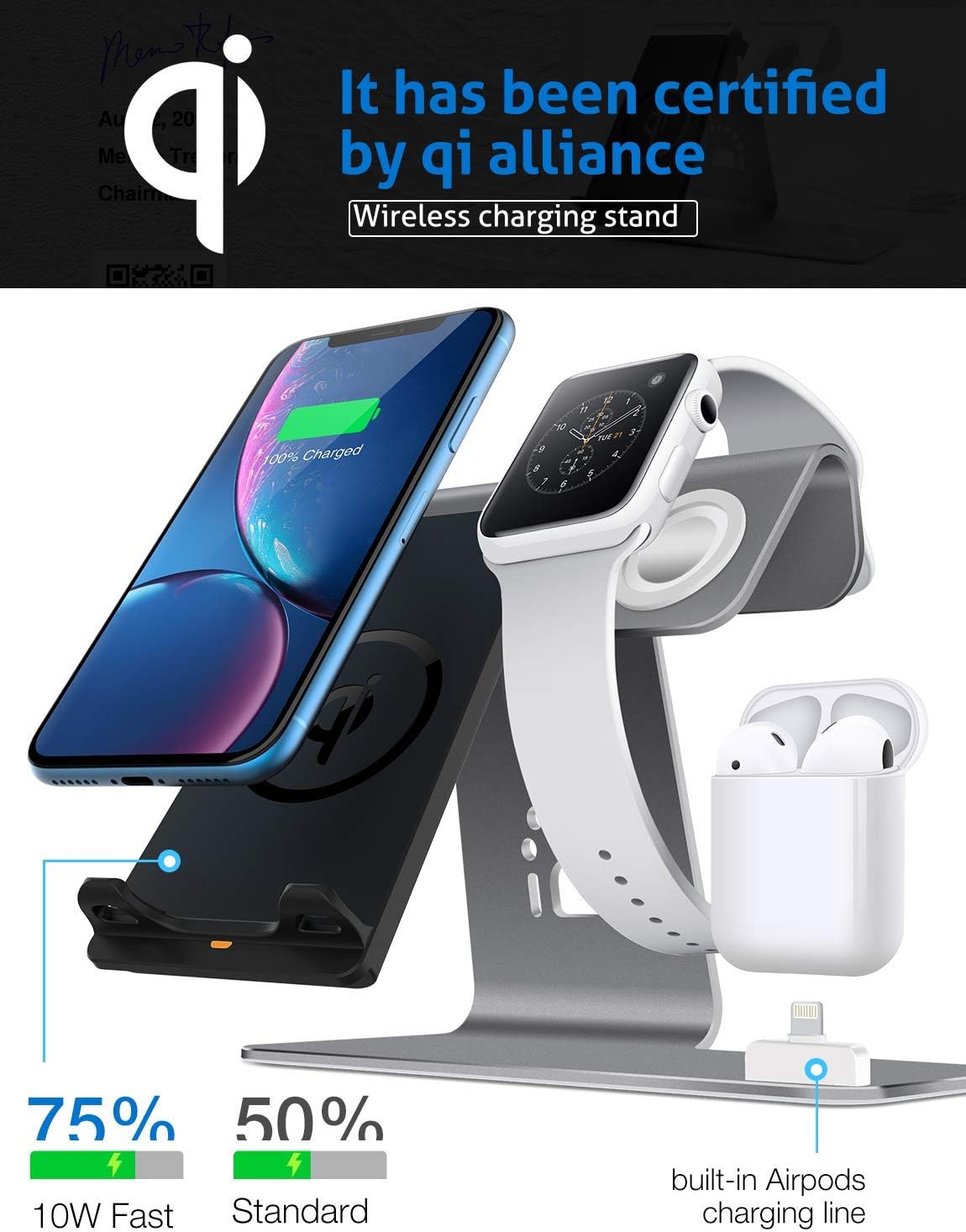 70% оƒƒ Dіѕсоunt Bestand Wireless Charger Stand, 3 in 1 Qi Fast Wireless Charger Dock Compatible with Airpods/iPhone X/Xs/Xs Max/XR/8 Plus/ 8/Samsung Galaxy S10/S9/S9+, Aluminum Stand for iWatch