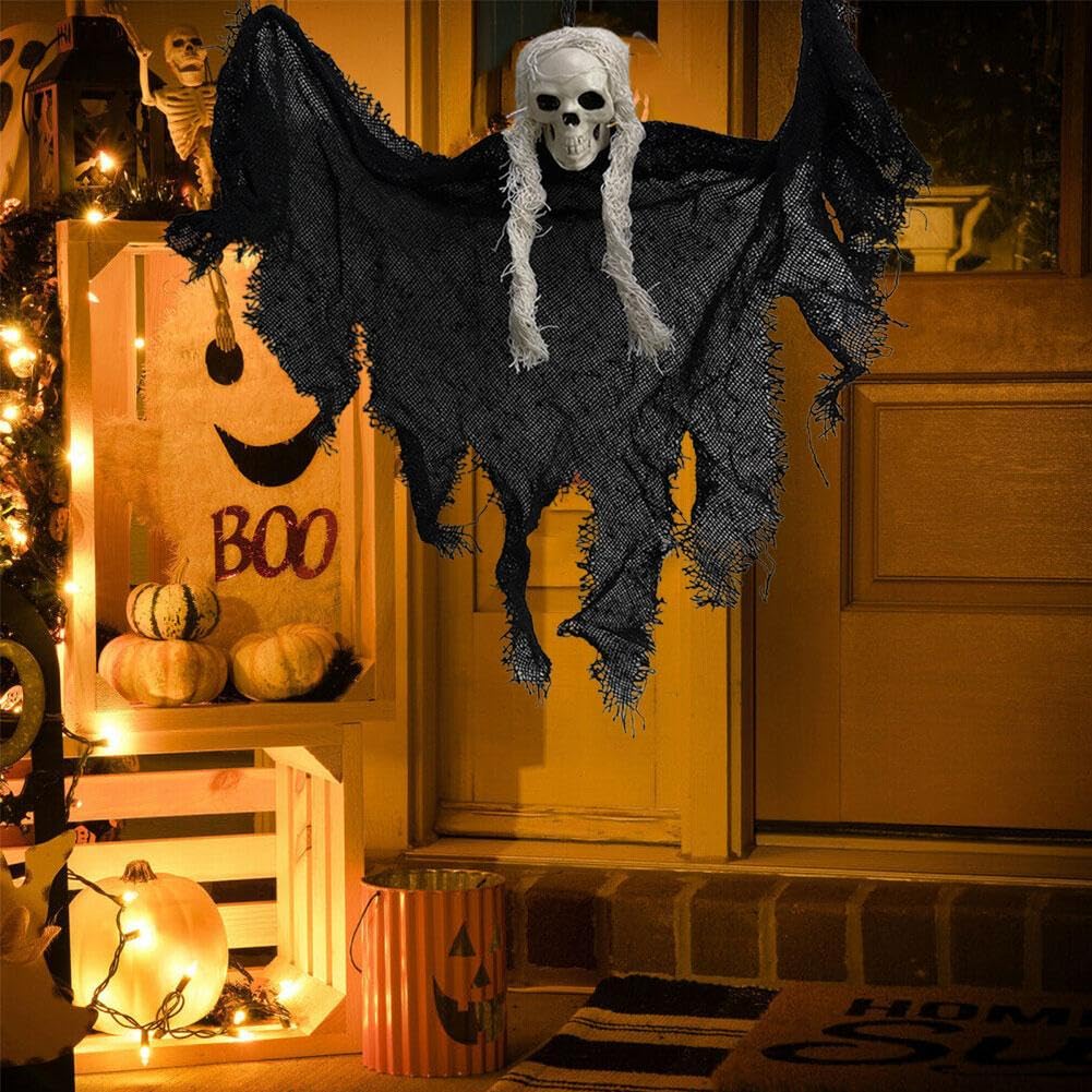 Fantôme Halloween à Suspendre 85 Cm - Tête De Mort, Tissu Noir/gris, Décoration Effrayante Intérieur/extérieur