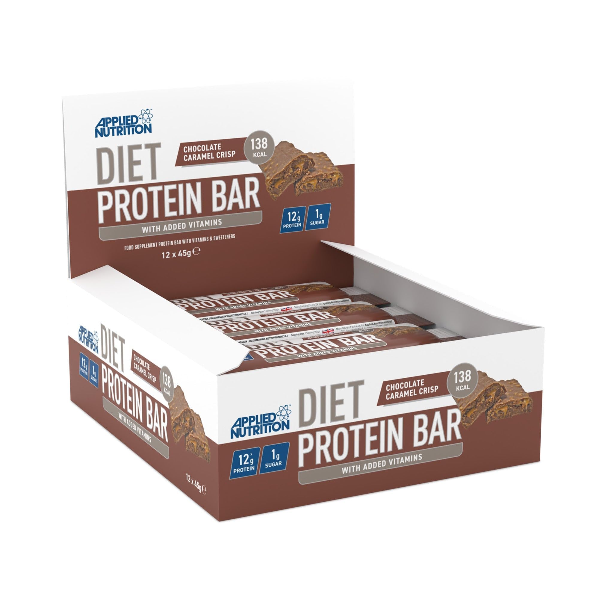 Diet Protein Bar, High Protein, Low Sugar Protein Snack Bar with Added Vitamins - Chocolate Salted Carmel (12 x 45g)