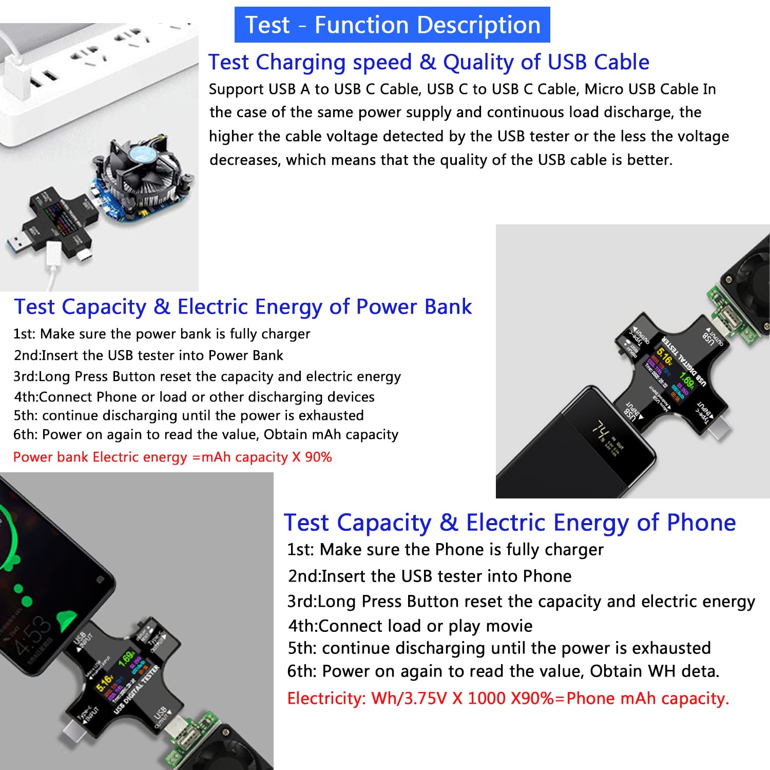 USB C Tester,KJ-KayJI 2 in 1 Tester Color Screen IPS Digital Multimeter(2024),Voltage,Cur,Pwr,Resistance,Elec,Temp,Capacity,Tme,Fast Charging,with USB Clip Cable Support PD2.0/PD3.0,QC2.0/QC3.0,BC1.2