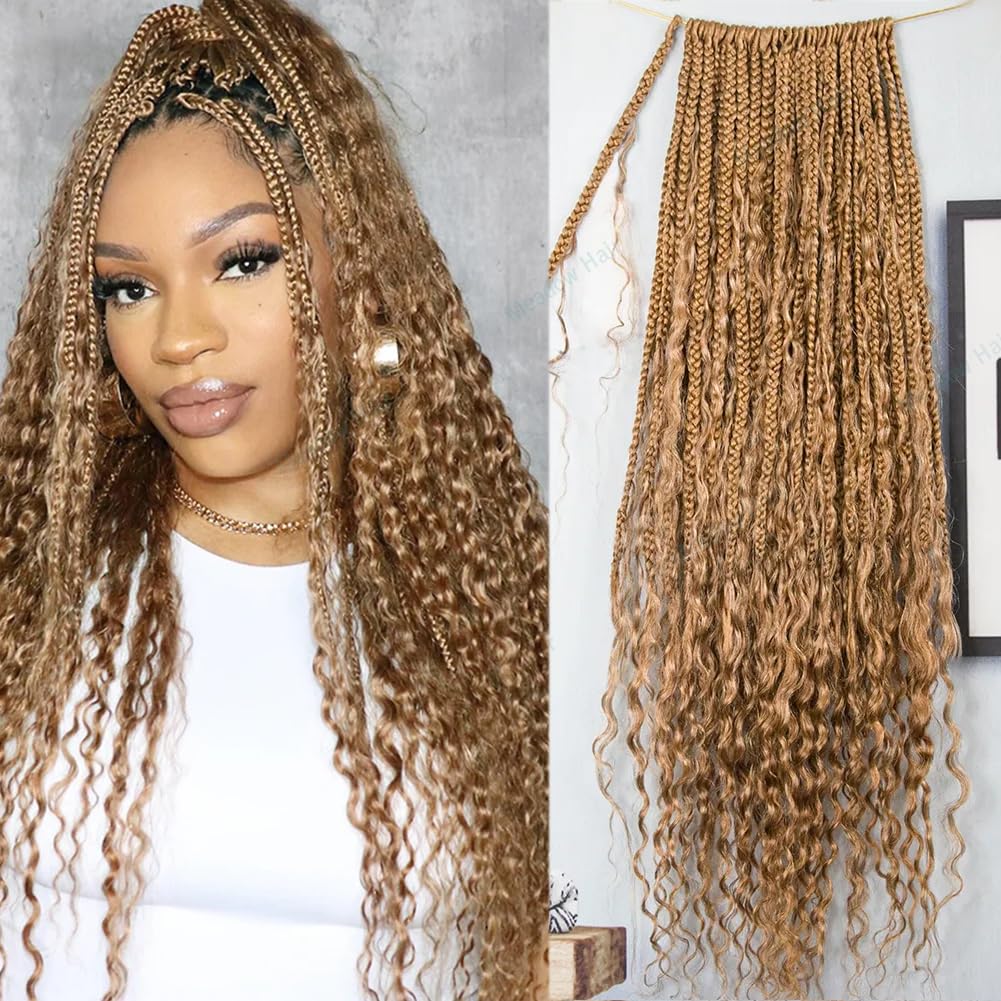 Boho Box Braids Human Hair Crochet Pre Looped Synthetic Hair Box Braid With Human Hair Curls Crochet Hair Braiding Deep Wave for Black Women 24Inch 80 Strands #27 Hair Color
