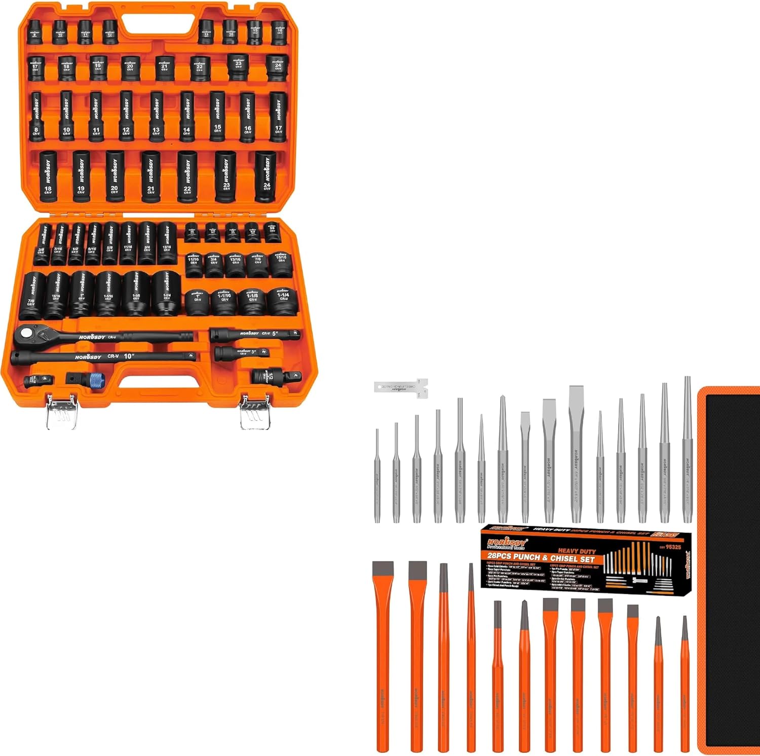 HORUSDY 28-Piece Heavy Duty Punch and Chisel Set and 1/2" Drive Impact Socket Set