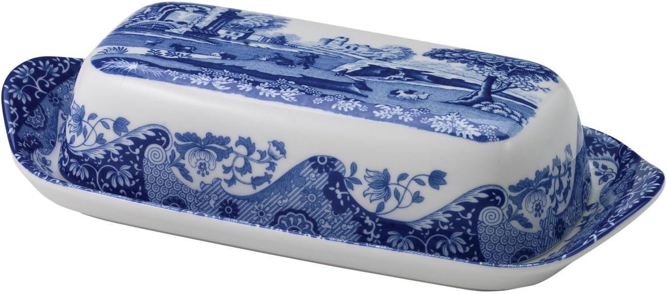 x Blue Italian Porcelain Butter Dish with Lid - Elegant Design Featuring Signature Blue and White Oriental border, Dishwasher Safe, Suitable for Kitchen Display and Everyday Use, Made in England