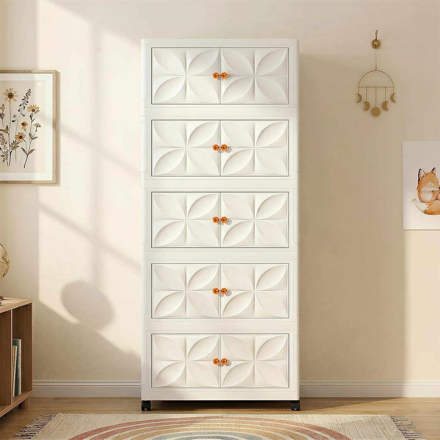 uliance 5 Tier Foldable Plastic Wardrobe Almirah for Clothes Storage – Stackable Cabinet Cupboard with Wheels & Magnetic Door, Bedroom Kitchen Baby Clothes Organiser, Cream White - Amazon product rated Grade B