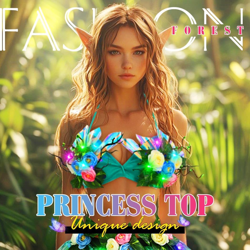 TWINKLEDE Light Up Fairy Costume Bra Green LED Floral Crop Top for Women