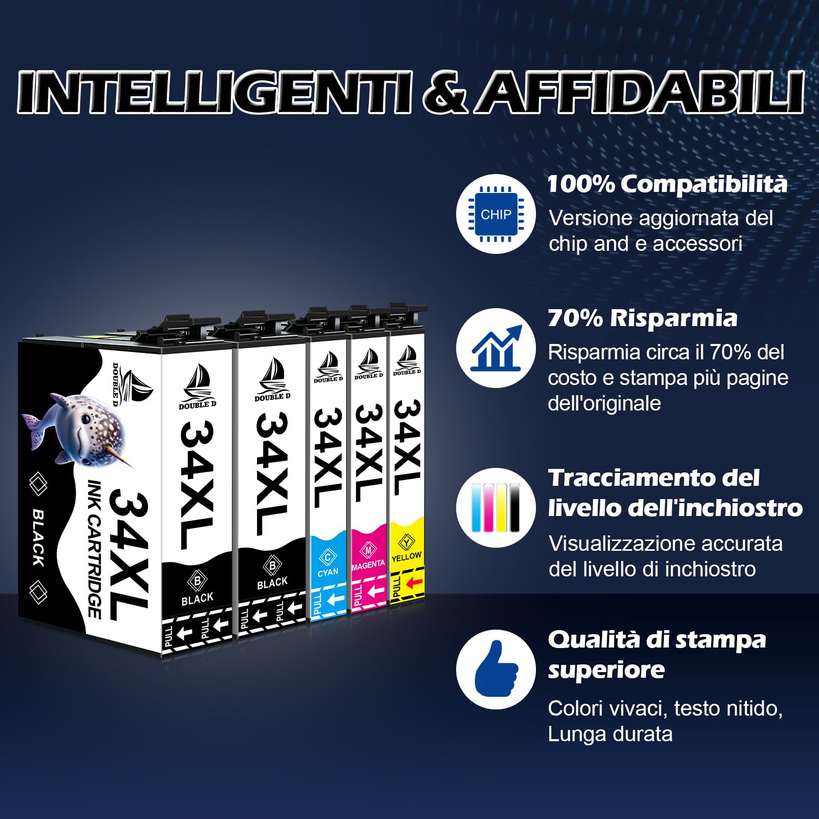 DOUBLE D 34XL Cartucce d'inchiostro Compatibili per Epson 34 Epson 34XL Multipack per Cartucce Epson WorkForce Pro WF-3725DWF WF-3720DWF WF3725 WF3720 (2 Nero, 1 Ciano, 1 Magenta, 1 Giallo)
