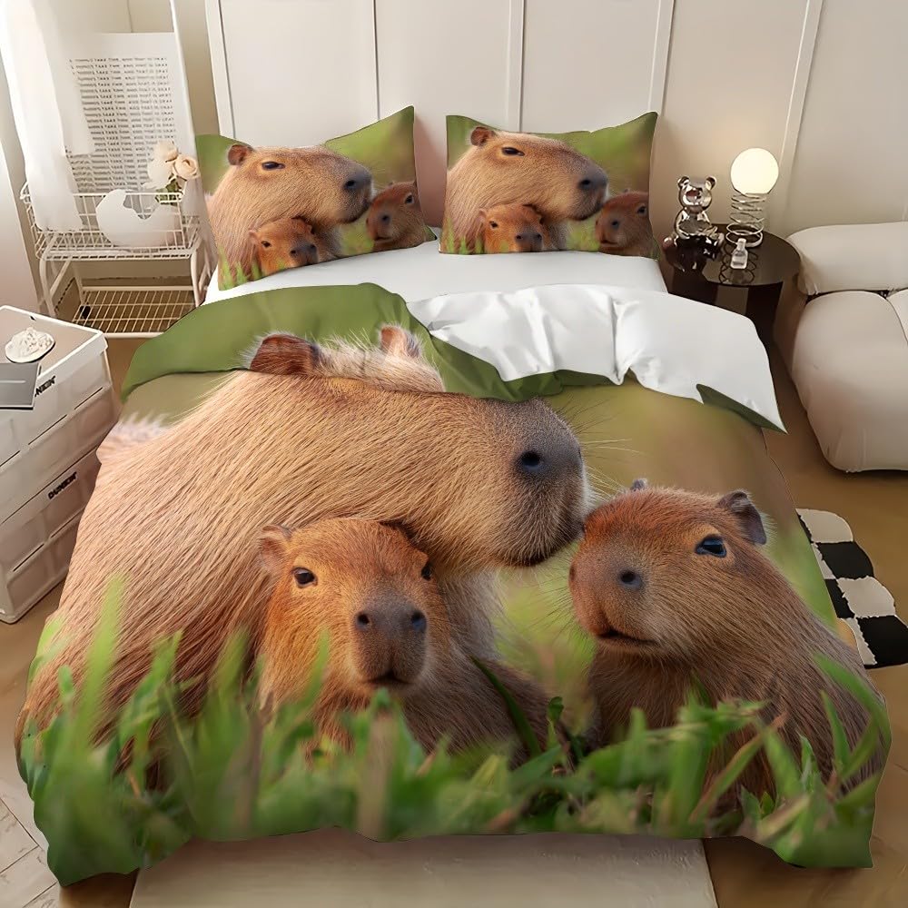 Housse de couette capybara microfibre 200x200 cm anti-plis et facile à laver pour grand lit