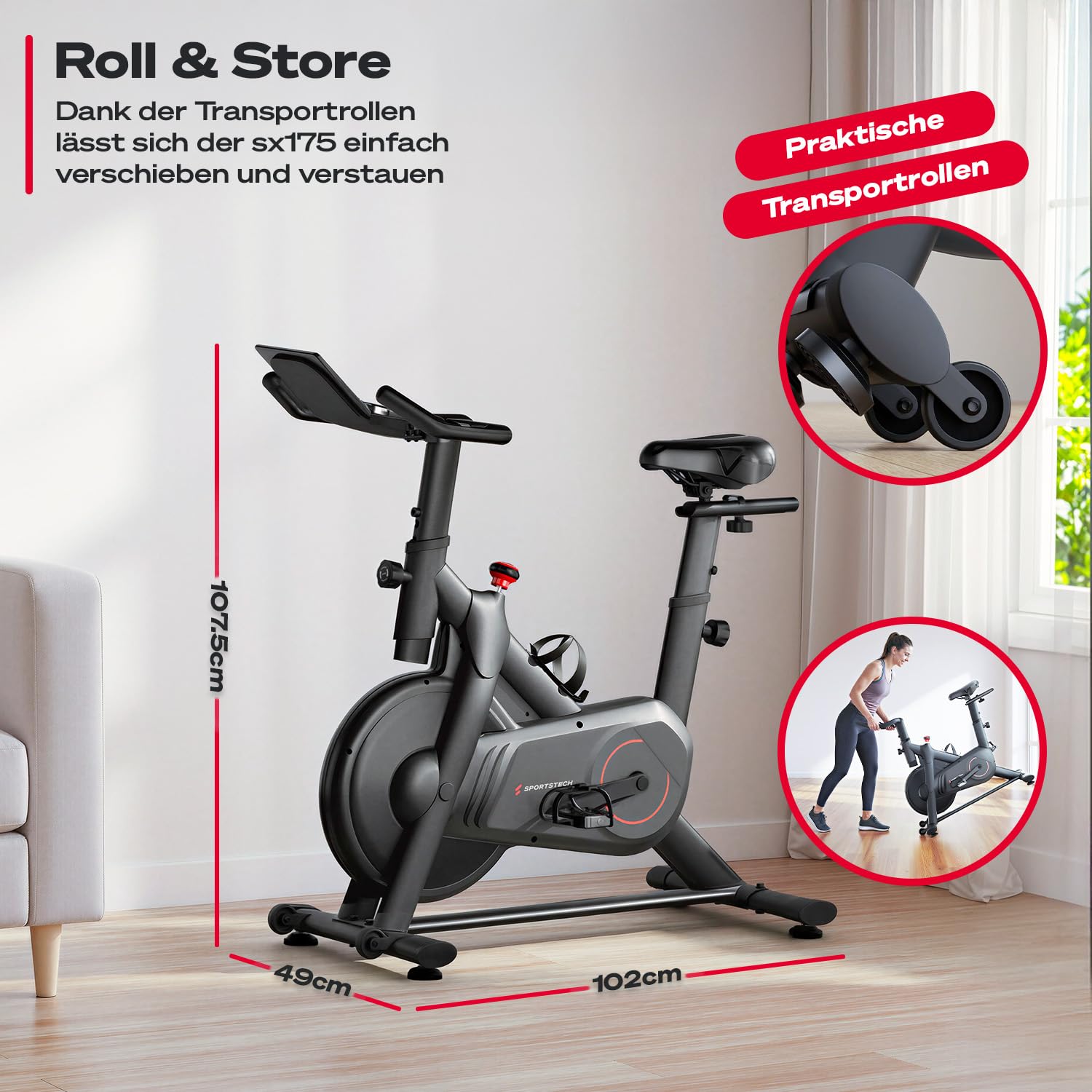 Sportstech Heimtrainer Fahrrad Ergometer SX175 – Hometrainer Fitnessbike mit Magnetwiderstand & App, ultraleise, Indoor Cycling Bike, bis 120 kg, Kardiotraining für Zuhause, Tablet-Halter