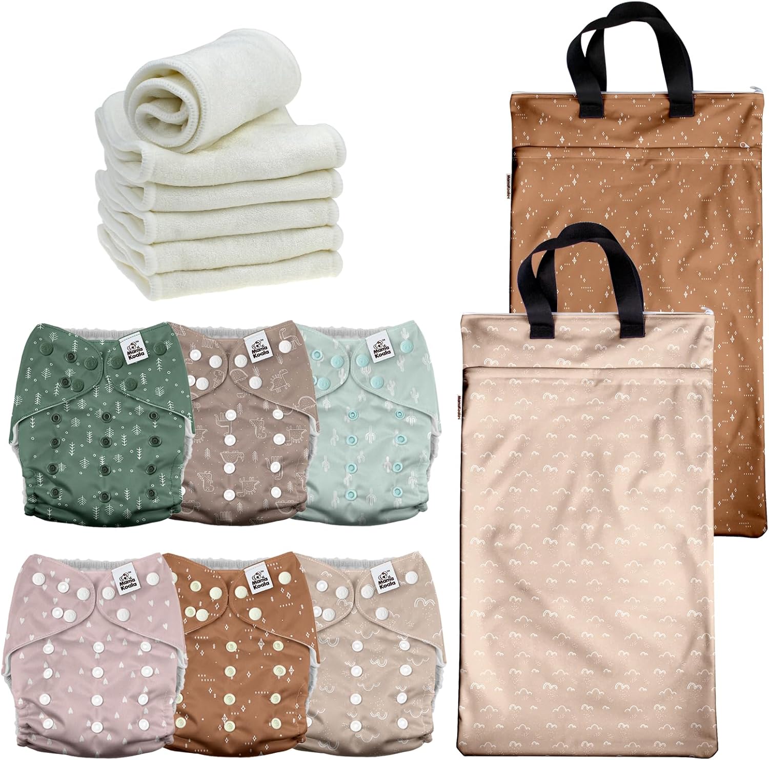 Mama Koala 3.0 Baby Cloth Diapers with 6 Inserts Bundle(Simply Neutrals), with 2 Pack Hanging Wet Dry Bags