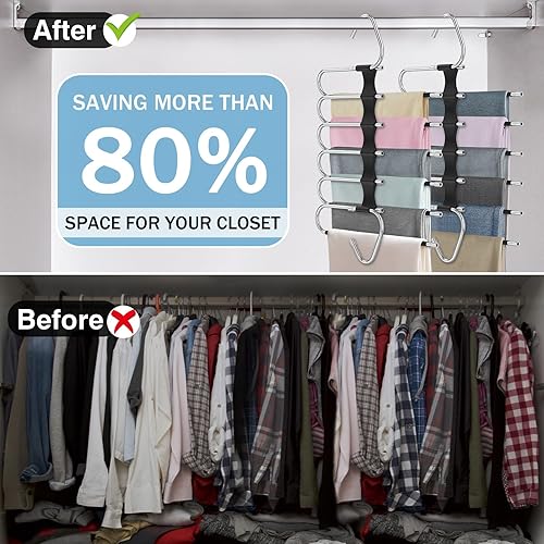 Vista 57 de Perchas para pantalones de 9 capas que ahorran espacio, paquete de 2 estantes multifuncionales de acero inoxidable organizador de armario