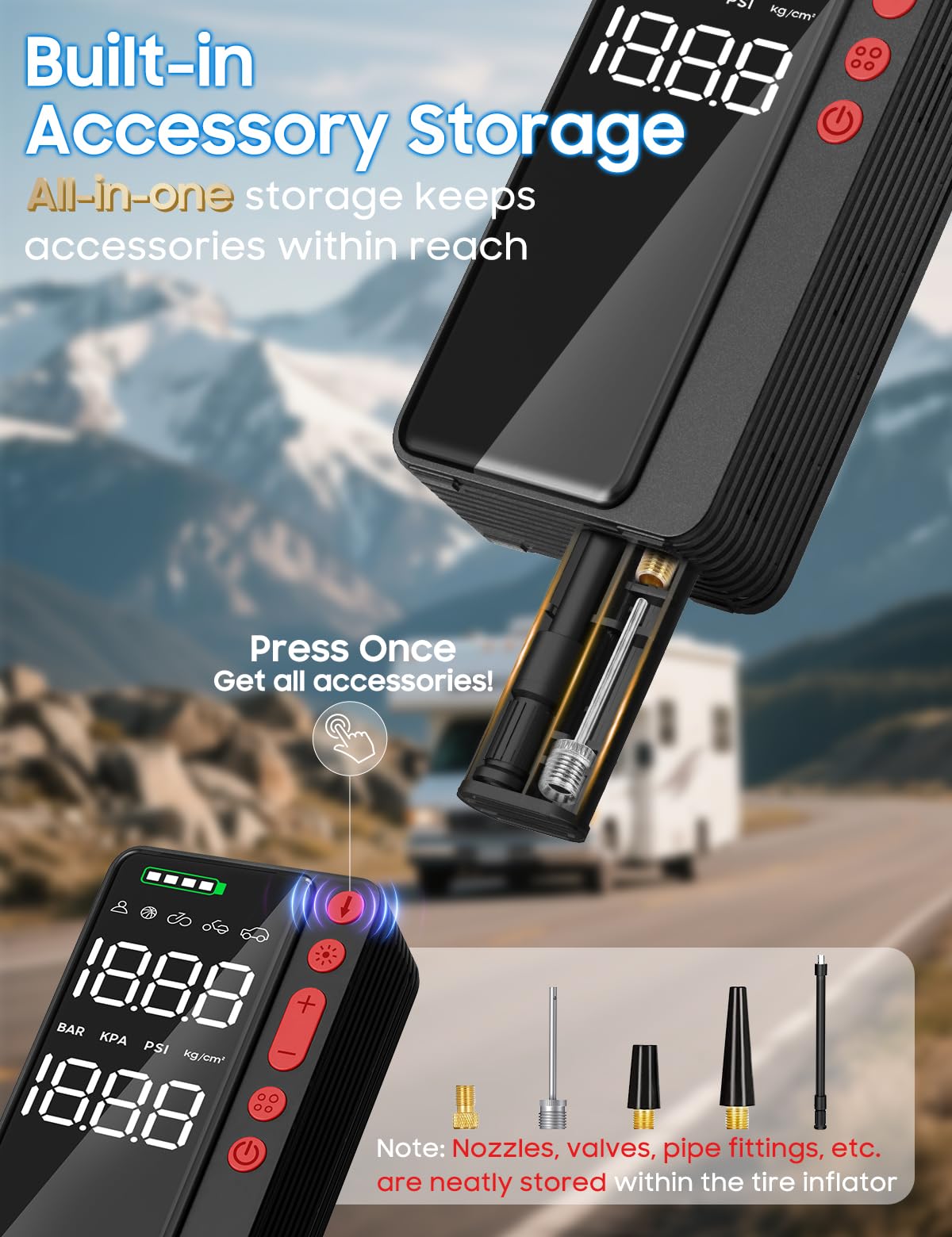 MATULSA Inflador de neumáticos, compresor de aire portátil, 10000 mAh y 150 PSI Smart App, bomba de aire inalámbrica para neumáticos de coche, almacenamiento de accesorios integrado, bomba de