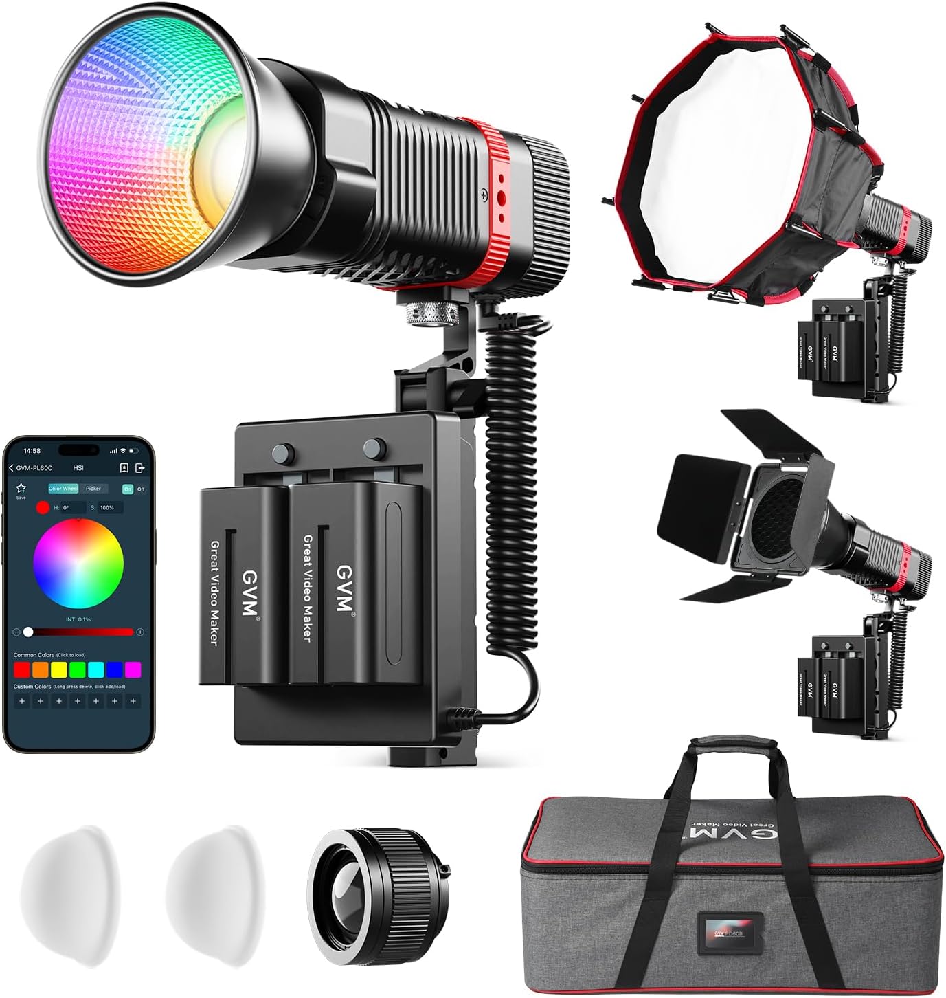 GVM 3-Pack PL60C Portable RGB Video Light Kit, COB Studio Lights with Batteries, Softboxes, Zoom Lens, Barndoor, CRI≥97 LED Photography Lighting for Video Recording, 16 Scenes 2700~6800K APP Control