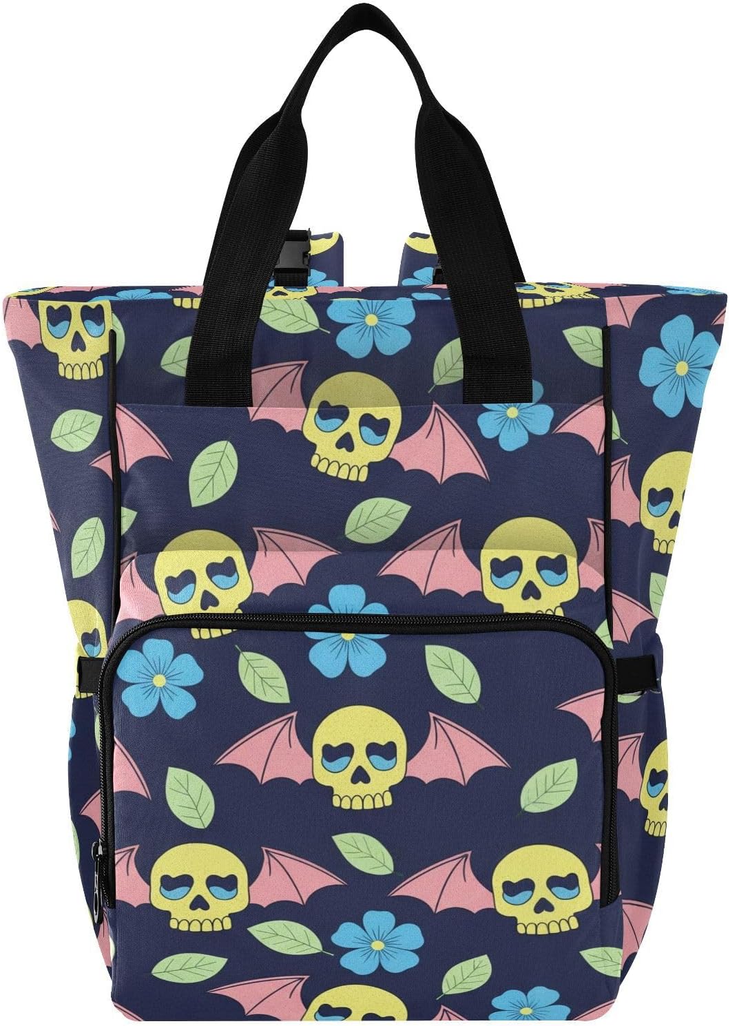 SPRIPORT Skulls Flowers Blue Pattern Diaper Bag Backpack for Baby Boys Girls Multifunction Baby Essentials Travel Tote with Stroller Straps & Bottle Storage Baby Diaper Bag for Moms Dads