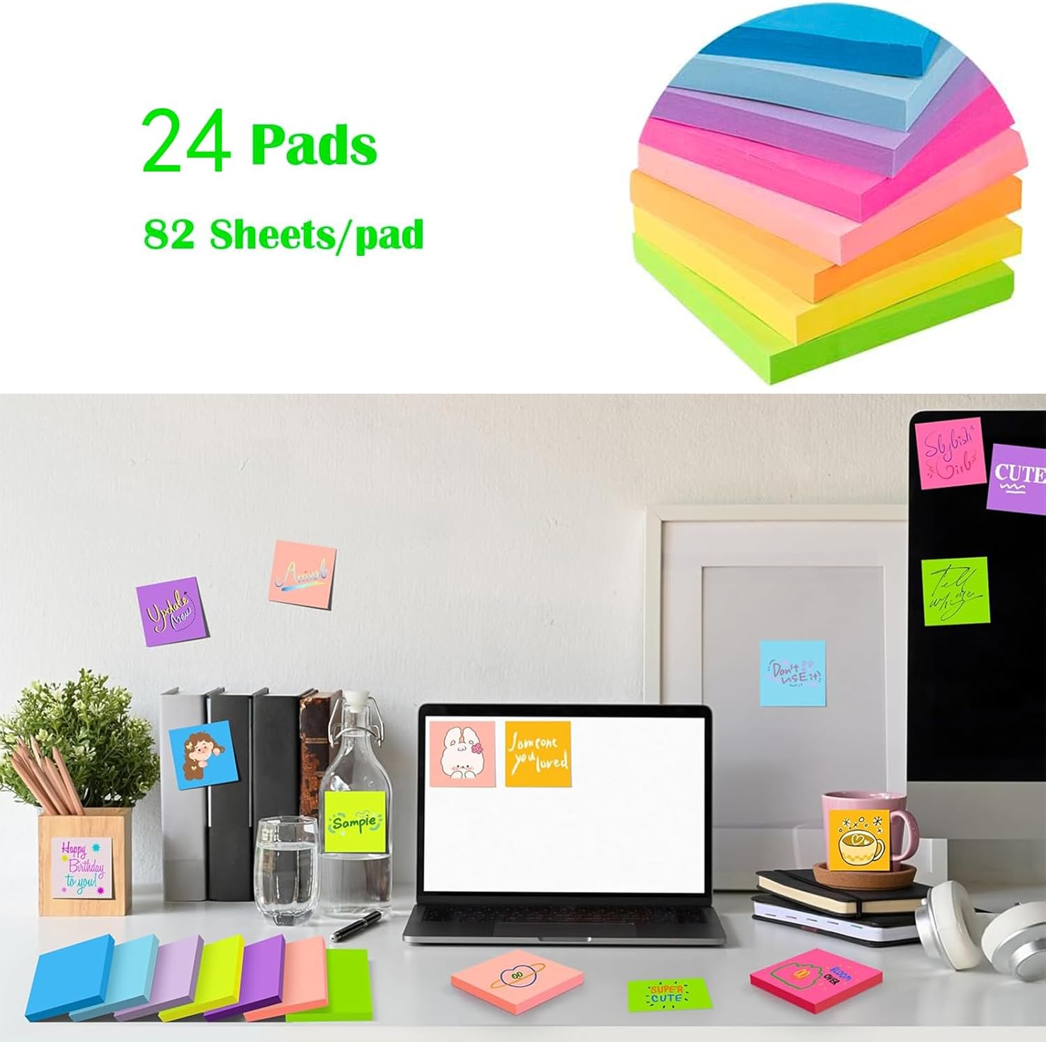 24 Pads - 76 x 76 mm Sticky Notes, 8 Colors Post Self Stick Notes Pads Bright Stickies Colorful Super Sticking Memo Pads,for Office, Home, School, Meeting, 82 Sheets/pad,1968 Sheets Total 5 71RBjLr9PKL. AC SL1500