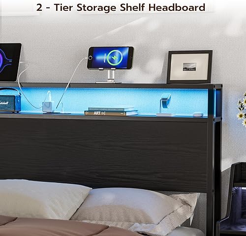 Miniatura 4 de IKIFLY Cabecera de almacenamiento tamaño Queen con luces LED y estación de carga, cabecera industrial de metal y madera, solo para dormitorio, marco