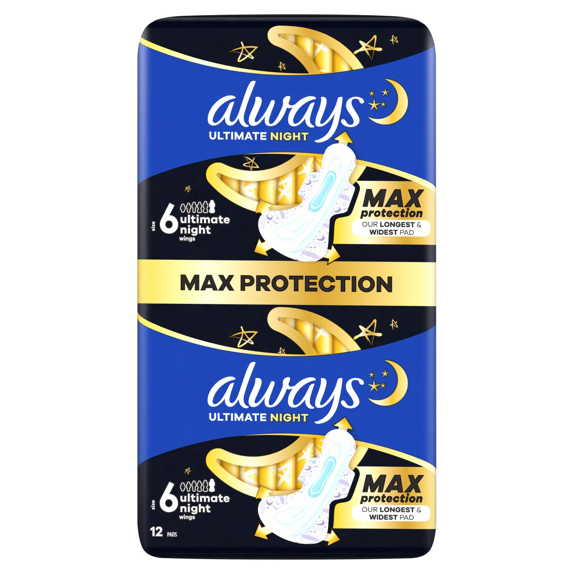 Always Ultra Sanitary Towels Secure Ultimate Night Size 6 With Wings 12 Pads