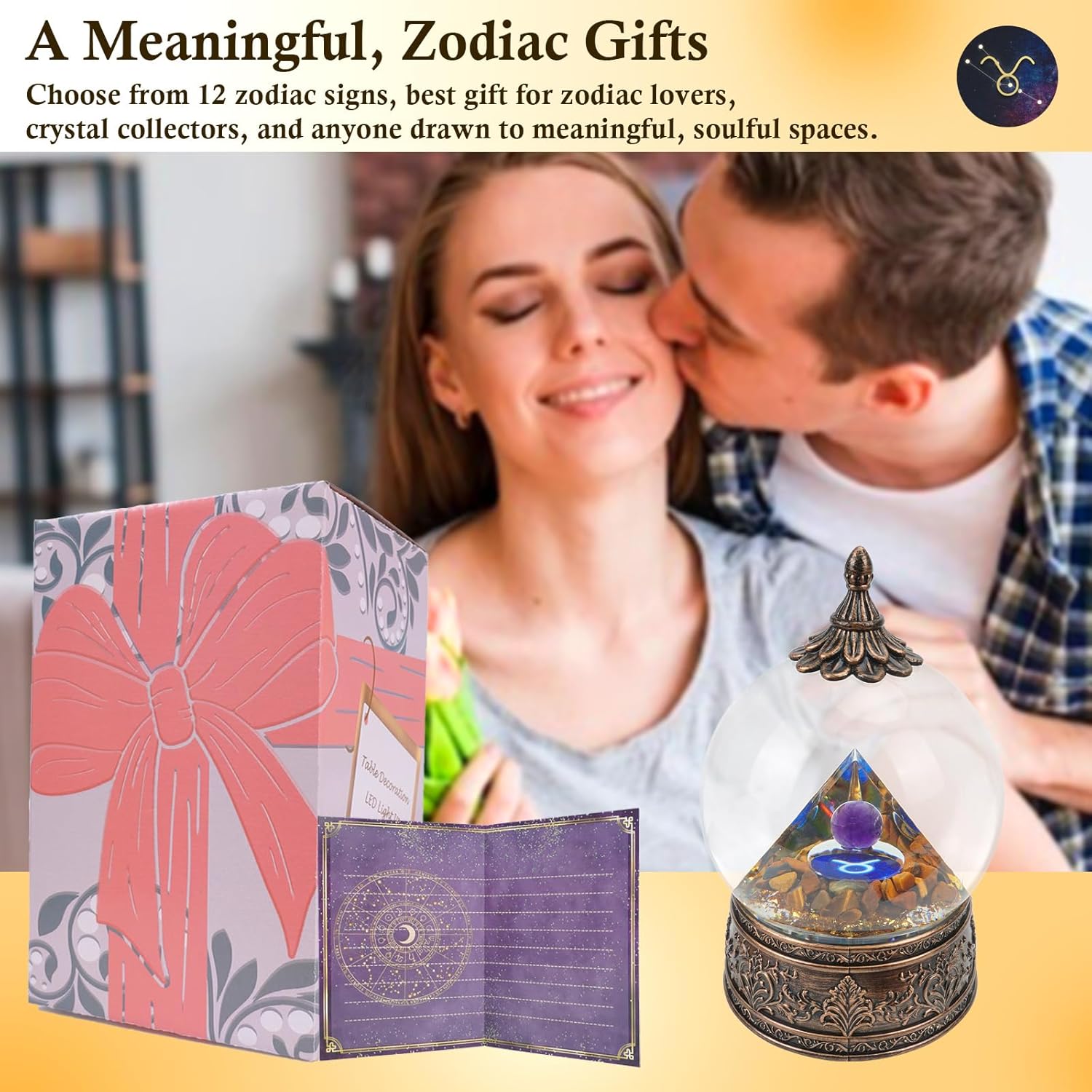 12 Zodiac Signs Taurus Crystal Pyramid Globe with Tiger Eye Healing Stones and Glitter, Pyramid for Positive Energy, Lucky, Handmade Zodiac Themed Gifts for Its Lovers, Birthday Gifts (Taurus)