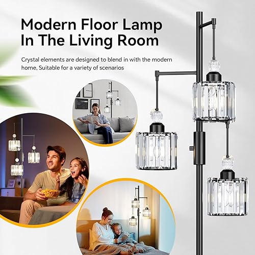 Miniatura 2 de Lámpara de pie de árbol negro con 3 pantallas de jaula de cristal y bombillas regulables, lámpara de pie vintage de 70 pulgadas para sala de estar,