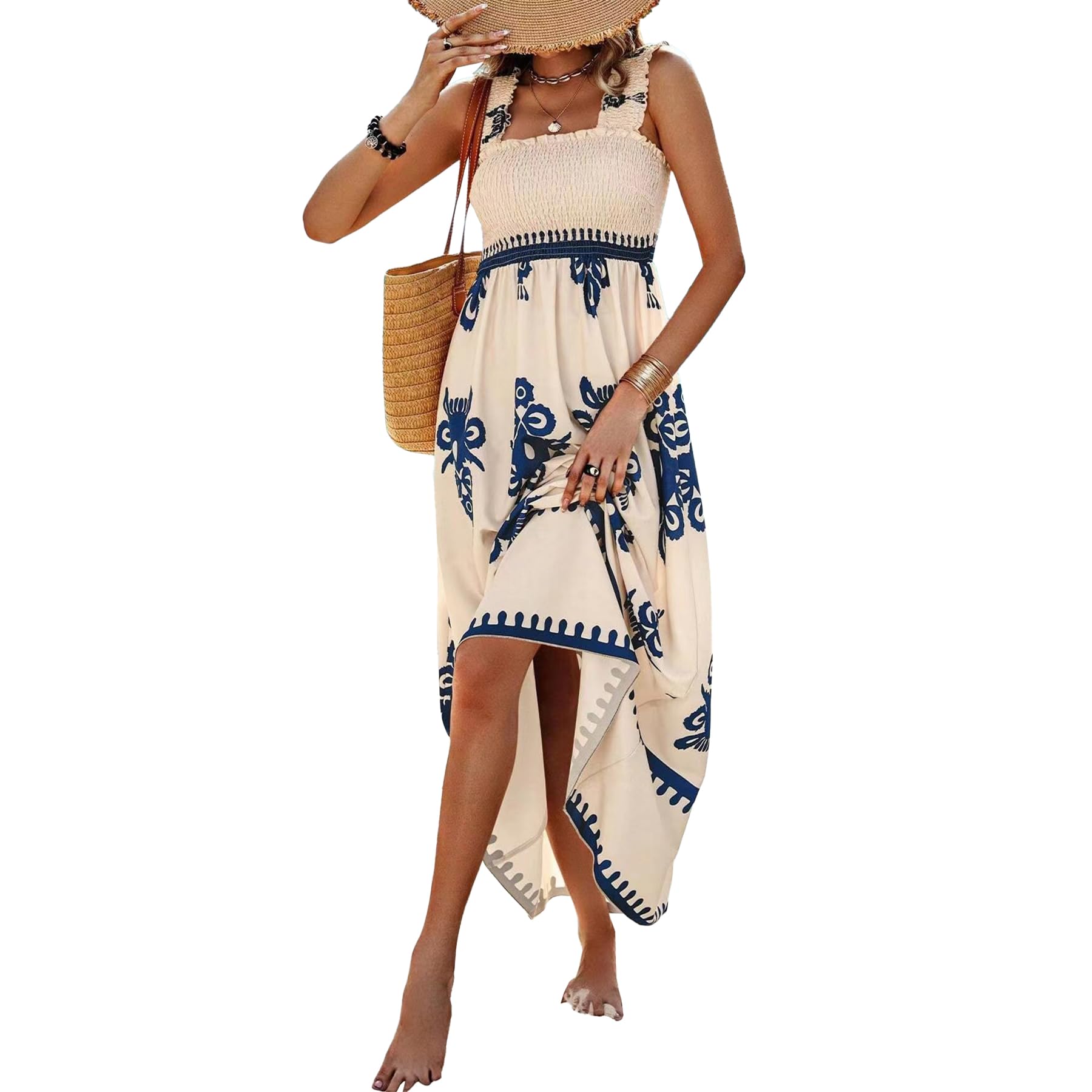 LunaThreads Women's 2025 Summer Boho Floral Maxi Dress - Sleeveless Square Neck Smocked A-Line Beach & Day Out