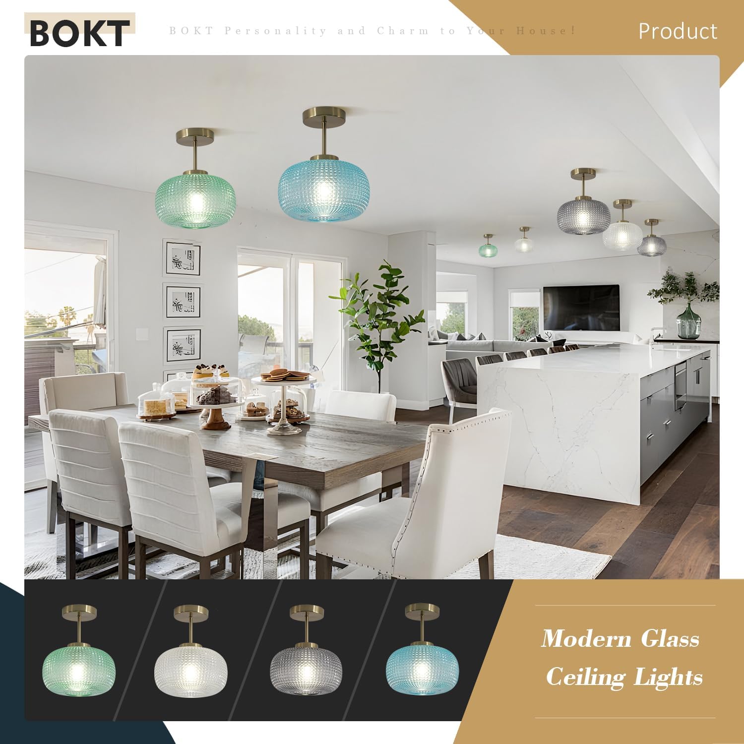 BOKT Gold Semi Flush Mount Ceiling Light Fixture, 9.8" Kitchen Lighting Fixtures Ceiling, Mid-Century Single Light Close to Ceiling Light Fixtures with Glass Shade for Hallway, Bedroom BC1165-C