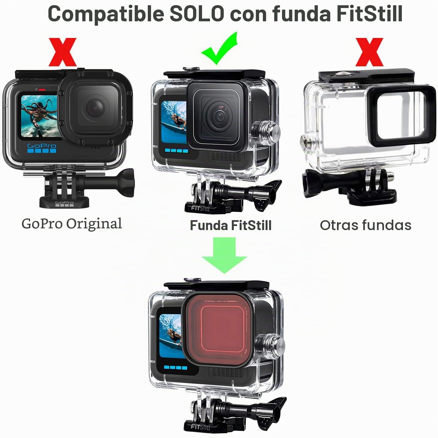 FitStill Funda Protectora Impermeable subacuática de 60 m para Go Pro Hero 13, Paquete de 3 Unidades de Filtro monopié Flotante Agarre de Mano Selfie Stick