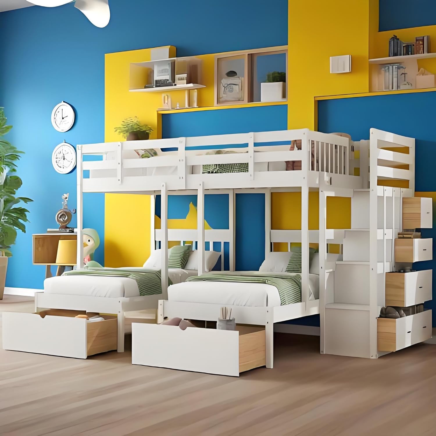 KUIKUI Triple Bunk Beds for Kids, Full Over Twin and Twin Bunk Bed for 3 with Stairs, with Extra Storage Space and Drawers, White