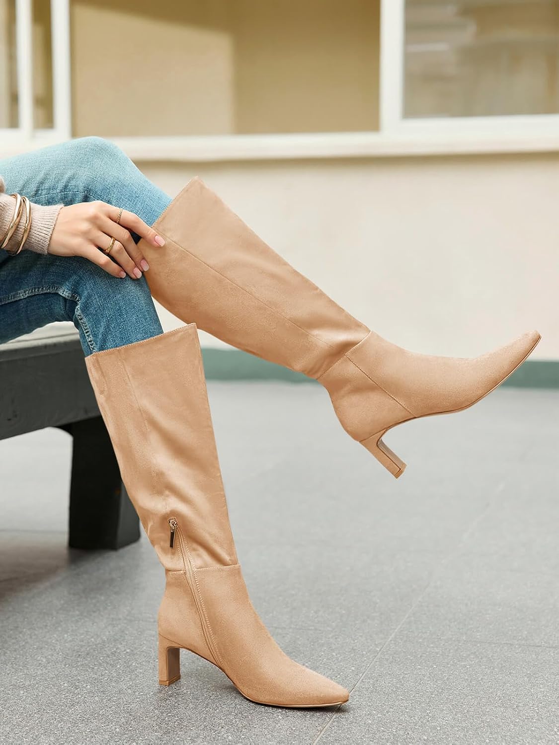 Coutgo Womens Knee High Boots Closed Pointed Toe Chunky Heel Tall Boots Side Zipper Fall Dress Boot Shoes - Image 2