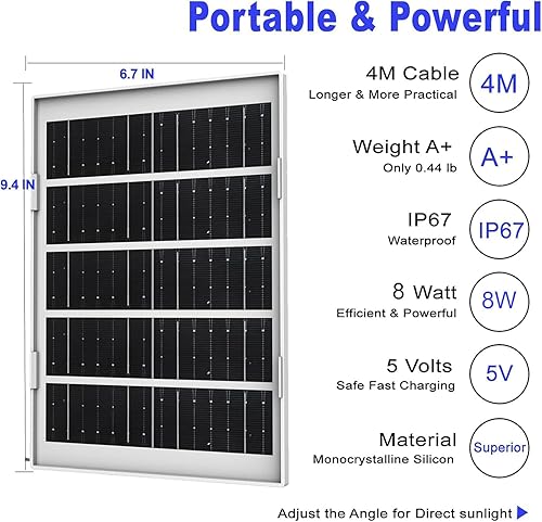 Miniatura 3 de Cargador de panel solar de 8 W para cámaras de seguridad al aire libre, con puerto micro USBUSB-C y CC (35 x 135), compatible con cámara de
