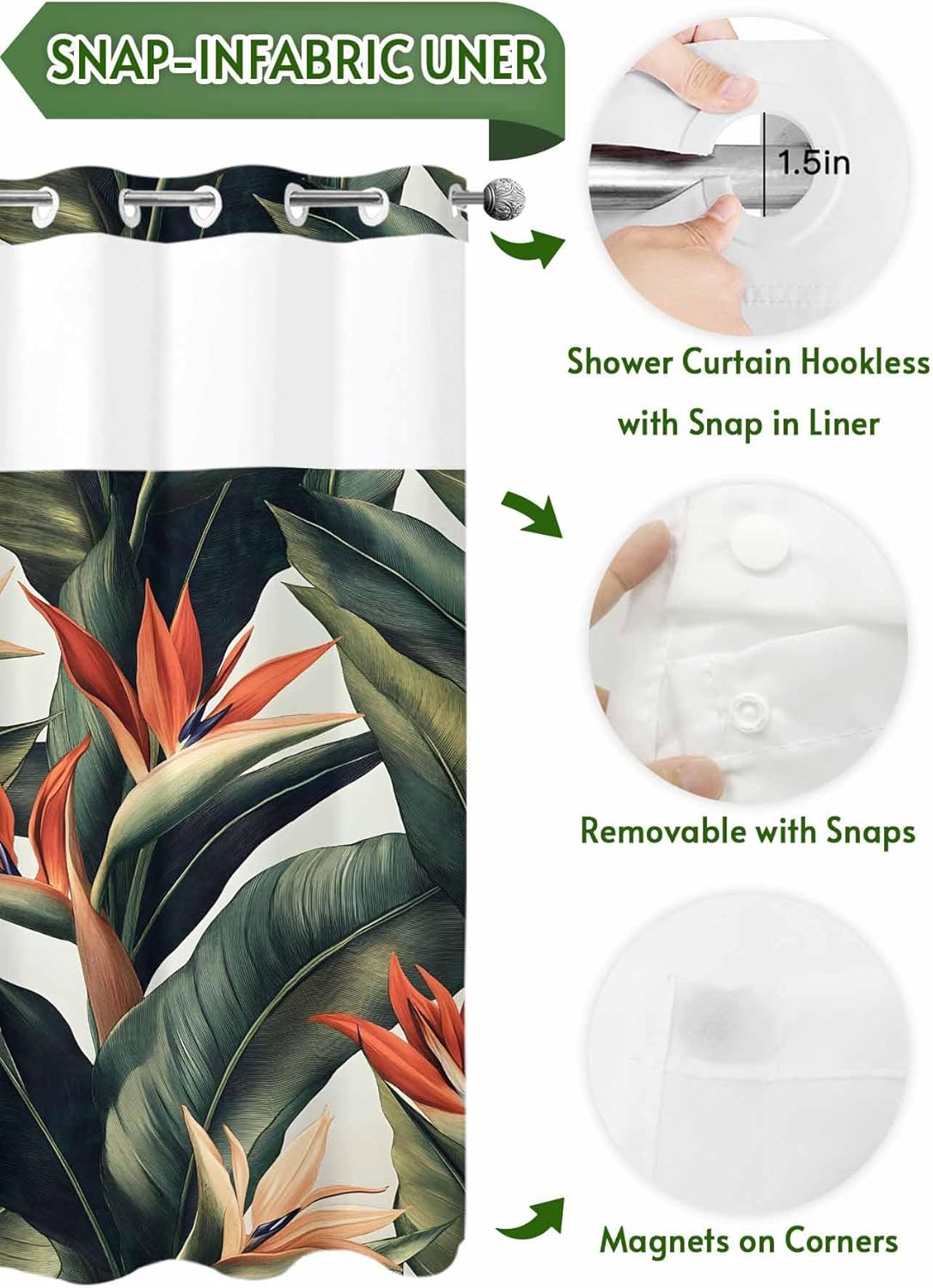 No Hooks Shower Curtain with Snap in Fabric Liner Set, Summer Tropical Plant Shower Curtains Waterproof & Washable Bathroom Curtain with See Through Top Window,Hotel Style,72x72in