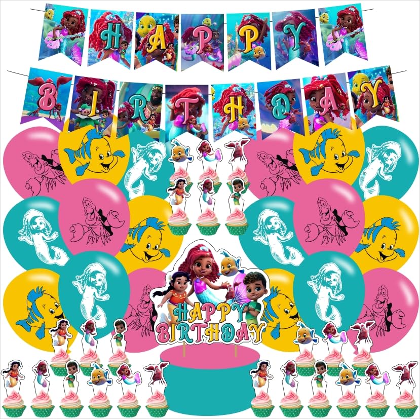 Ezcpigei Little Mermaid Birthday Party Decoration Pack - Mermaid Birthday Banner Cake Topper Latex Balloons Cupcake Toppers