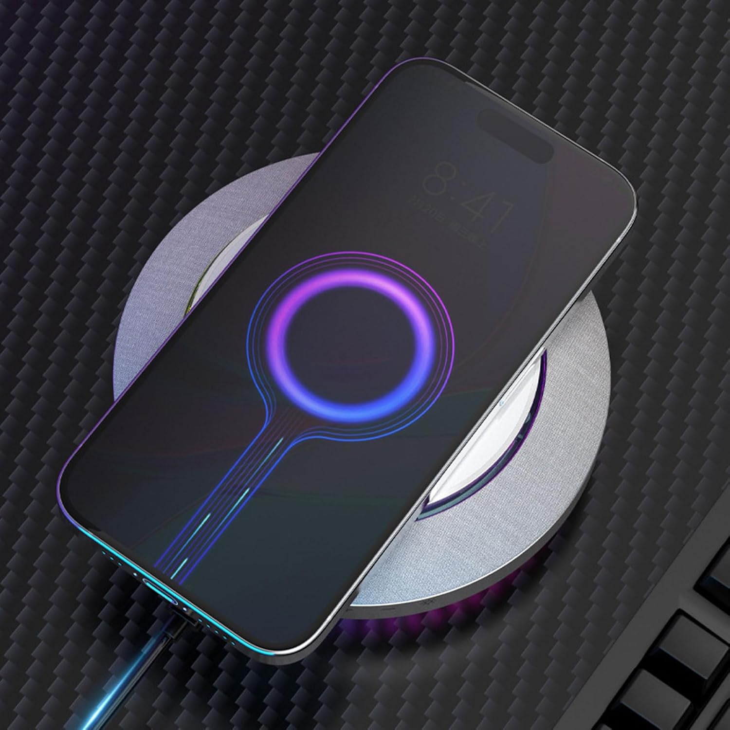 Fockety Speaker with Wireless Charger, 360 Surround Sound and Dynamic Light for Home Office Bedroom, Built in 15W Bass and 5W High Frequency Speaker