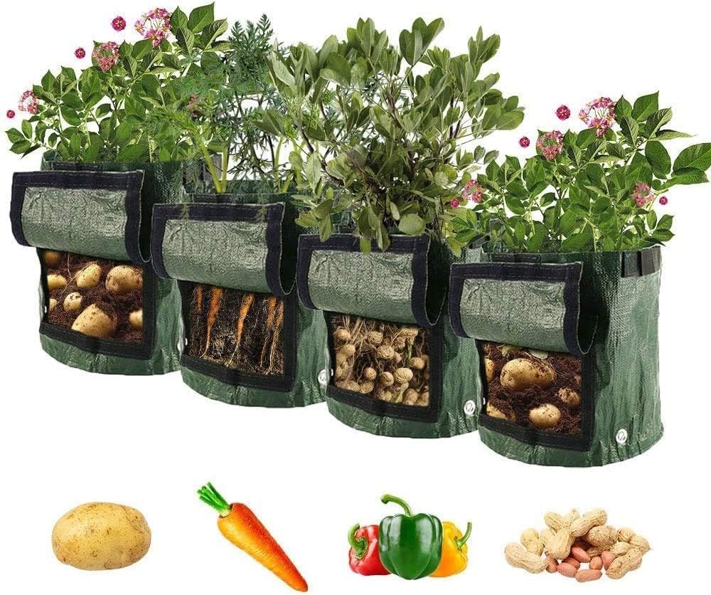 Potato Grow Bags Set 4 Pack 10 Gallon Plant Growing Bags for Vegetables Durable Root Friendly Vegetable Planting Bag with Strap Handles and Access Flap Window for Potatoes, Tomatoes, Strawberry (4)