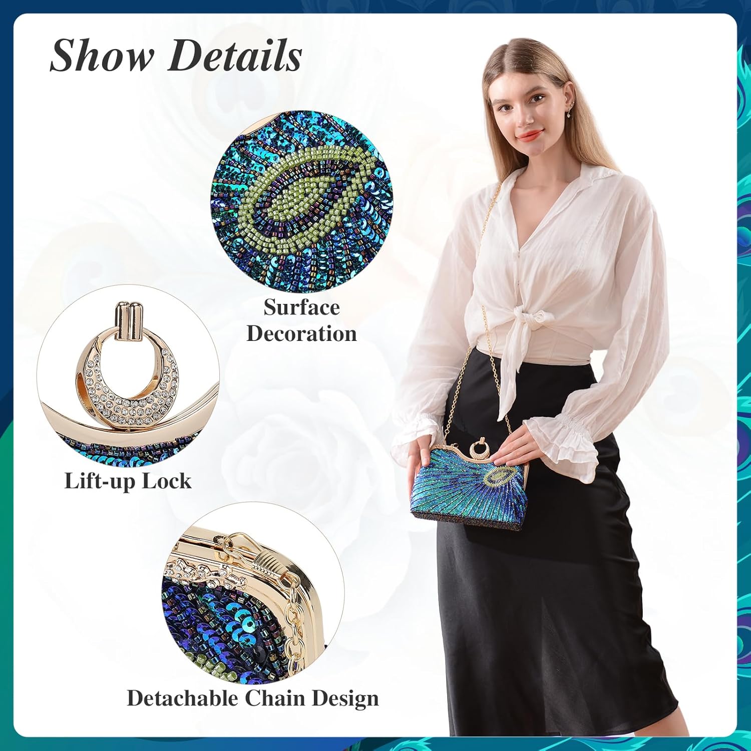 Vintage Beaded Bag Sequin Peacock Evening Clutch Purse for Women Formal Evening Bag Green Blue Wedding Prom Party Handbag - Image 2