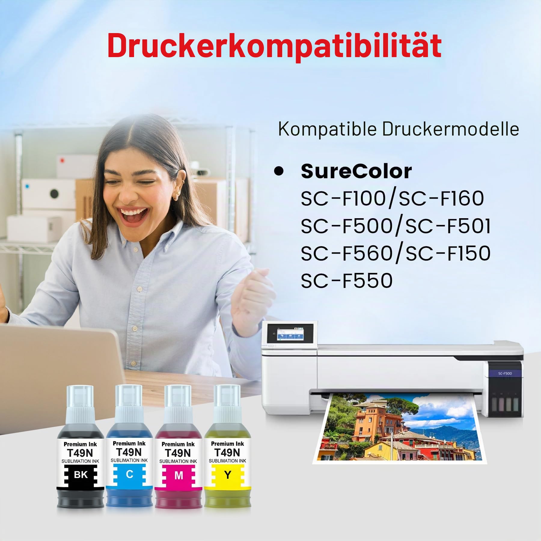 T49N T49N1-T49N4 Sublimation Ink für EPS SC23BK SC23C SC23M SC23Y für SC-F100 SC-F160 SC-F500 SC-F501‎ SC-F560 SC-F150 SC-F550(4Stück)