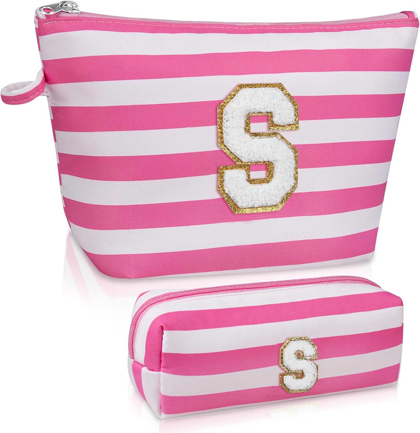 Initial Makeup Bag Set, Personalized Stripe Cosmetic Bag, Waterproof Travel Toiletry Bag, Cute Makeup Pouch for Women Preppy Teen Girls Gift Trendy Stuff Gift (Pink S)